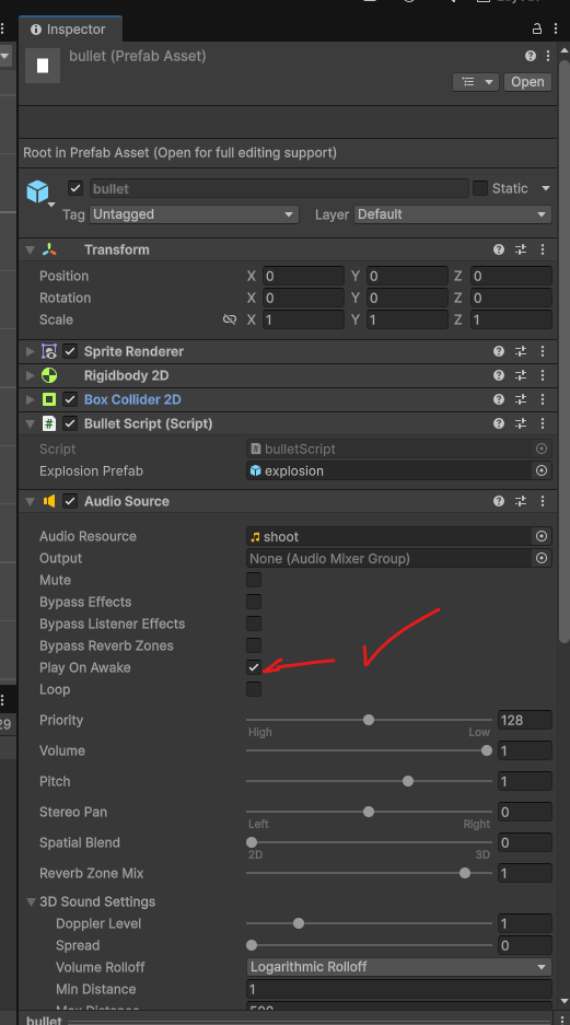 Audio Source tilføjet til bullet prefab.